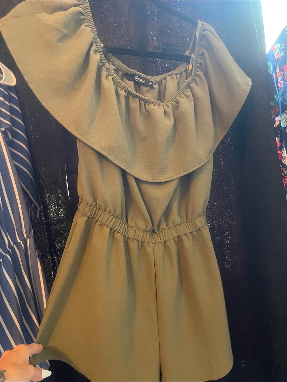 Off-Shoulder Olive Green Romper Jumpsuit